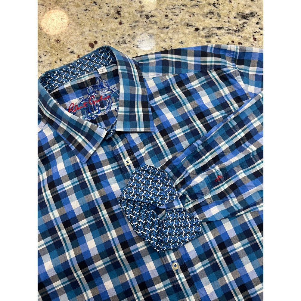 Robert Graham Mens 3XLT Blue Plaid Button Down Shirt Tall Flip Cuff Long Sleeve